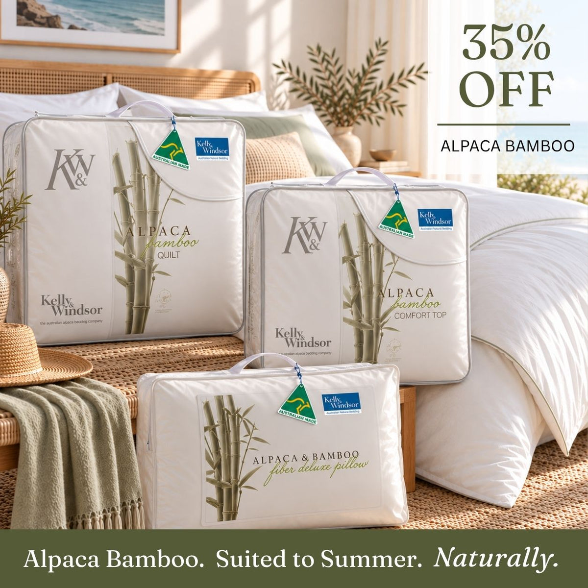 Kelly & Windsor natural fibre bedding styled on a bed